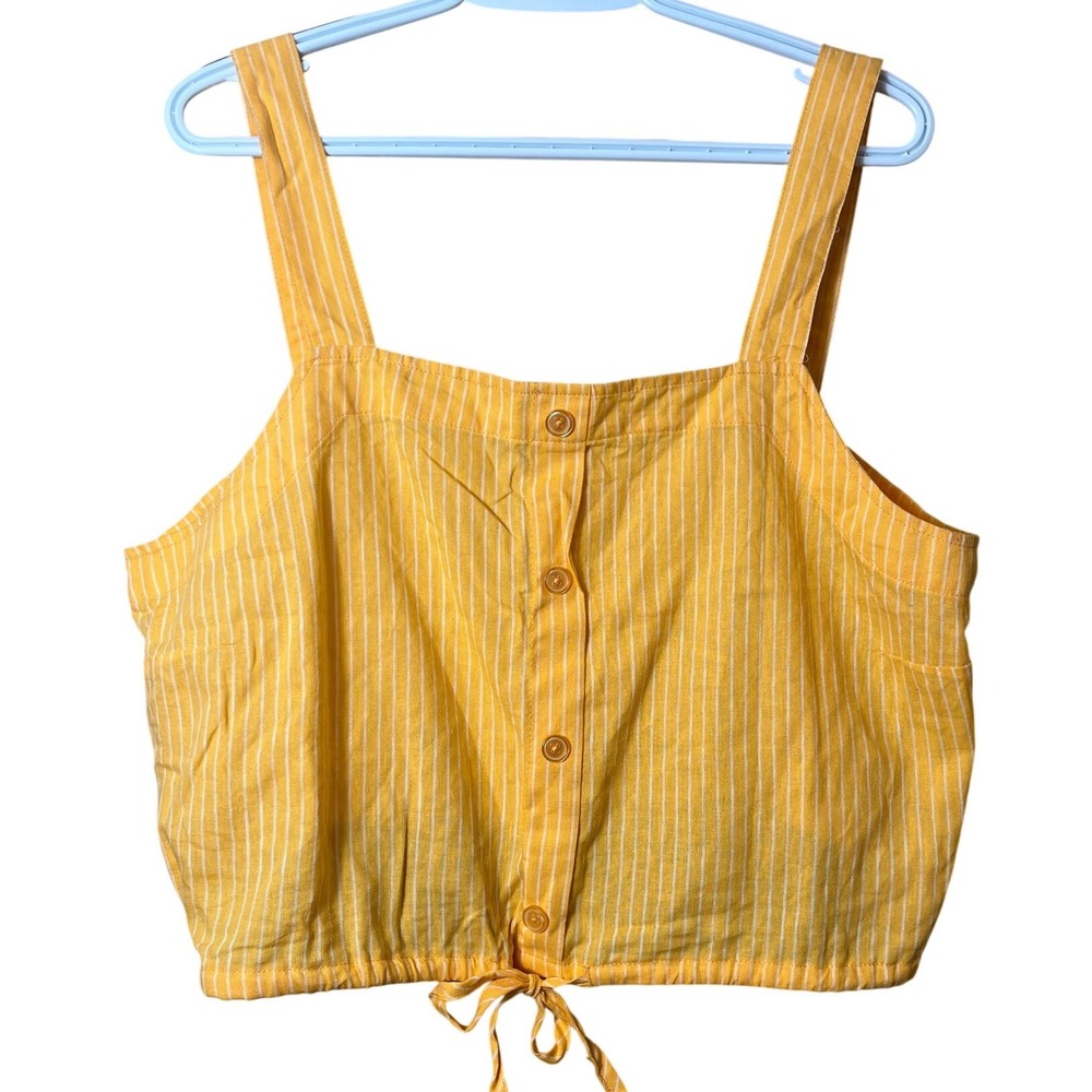 A New Day‎ Yellow Striped Linen Blend Button Front Tie Crop Top XXL Cottagecore